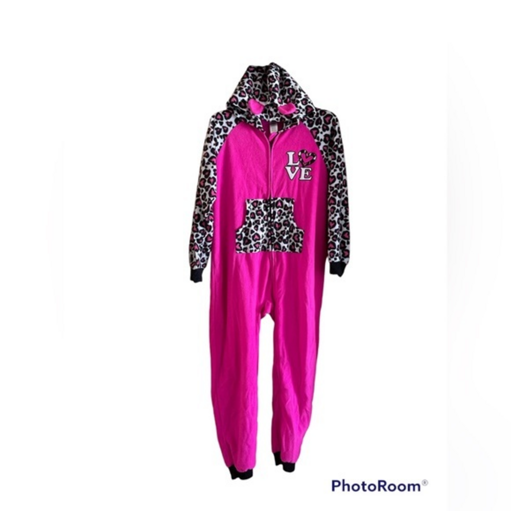 Imagine Hooded Fleece Girl’s One Piece lounge Pajamas Pink Cheetah Love Logo XL‎